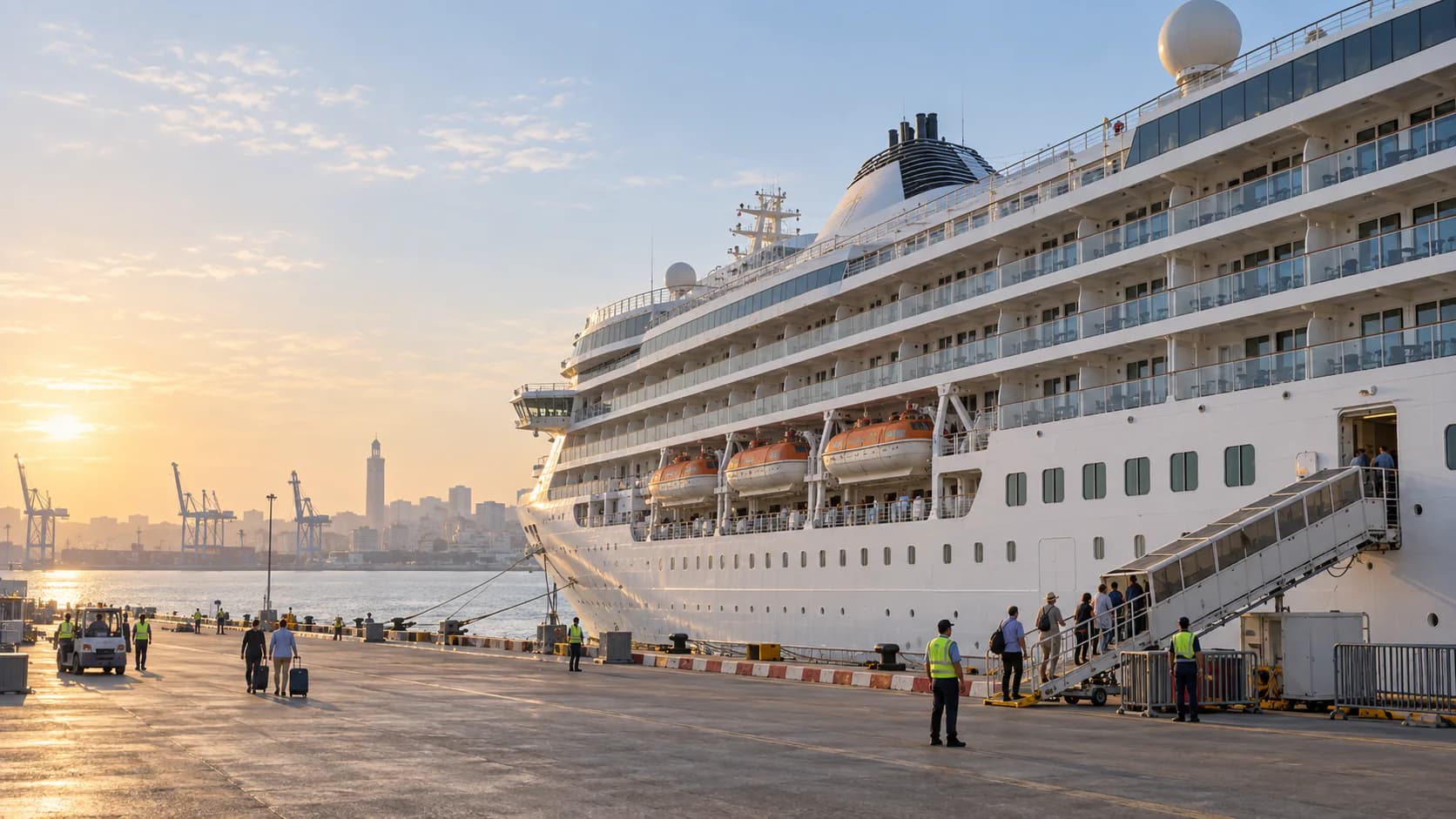 Cruise ship docked at Casablanca port at sunrise